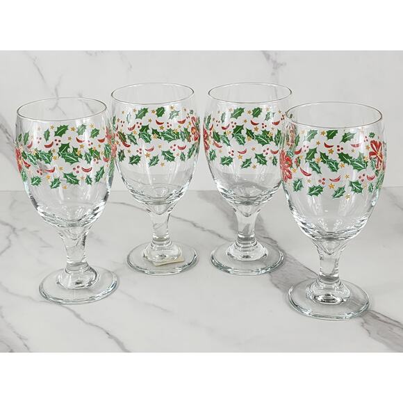 Libbey Christmas Holly and Ribbon Water Goblets 16oz Holiday 80s x4 Made in USA - Picture 4 of 12